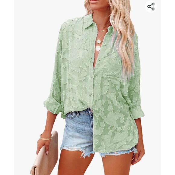 PRETTY GARDEN Boho Artsy Cottage Jacquard Floral Shirt Green Feminine Large NWT - Picture 2 of 8